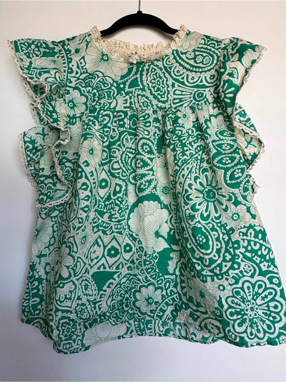 Umgee Green and Cream Floral Ruffle Blouse